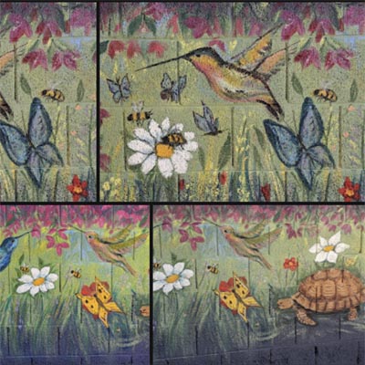 Mural de abejas, jardín, colibríes y flores