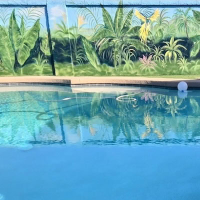 Mural piscina plantas tropicales.